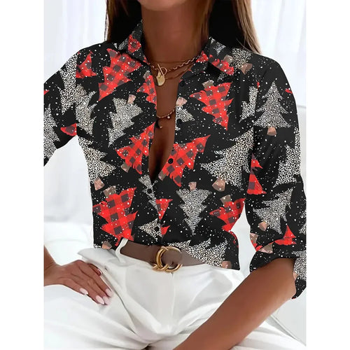 Women's 2024 New 3d Christmas Printed Long Sleeve Shirts Elegant Lapel