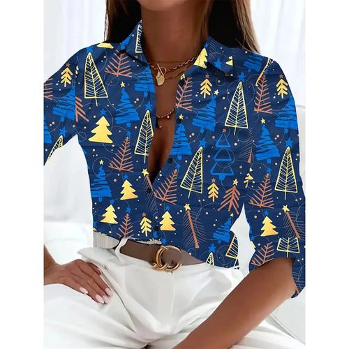 Women's 2024 New 3d Christmas Printed Long Sleeve Shirts Elegant Lapel