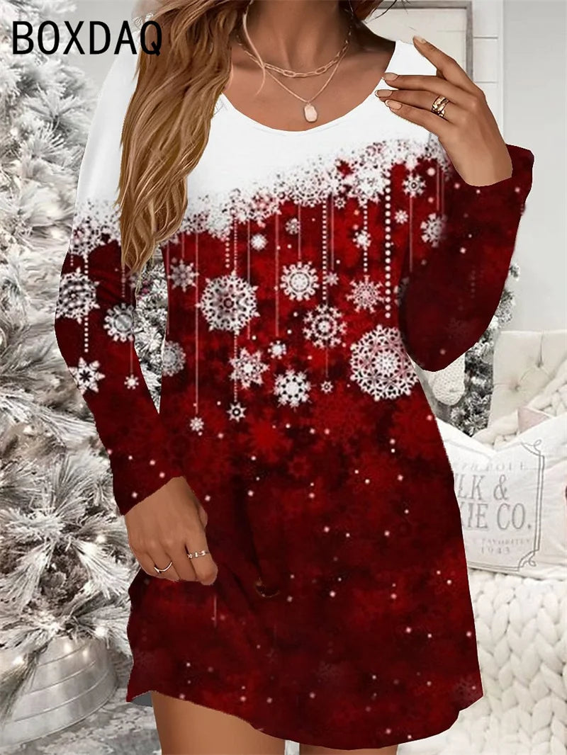 Women's Red Christmas Dress Casual Christmas Snowman Snowflake Print