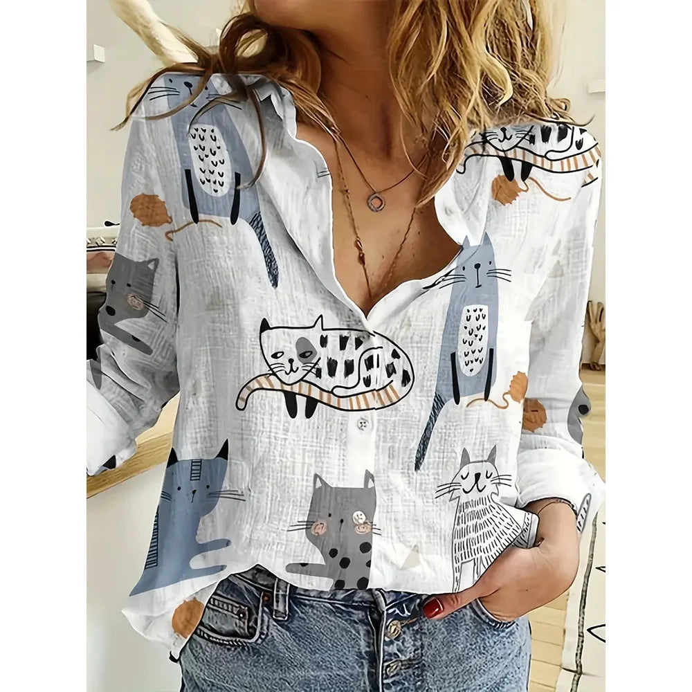 Women's 2024 New 3d Christmas Printed Long Sleeve Shirts Elegant Lapel