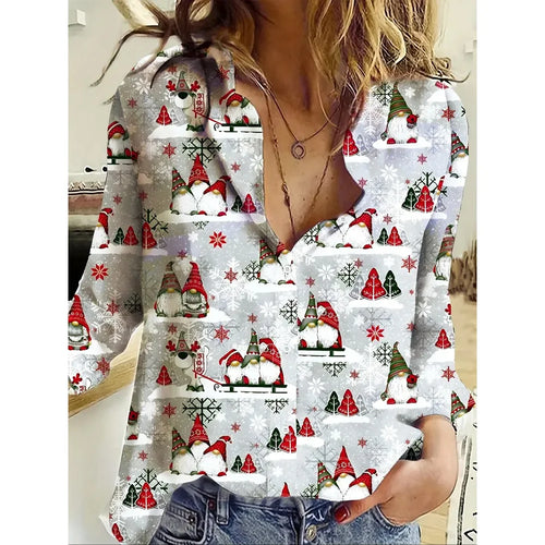 Women's 2024 New 3d Christmas Printed Long Sleeve Shirts Elegant Lapel