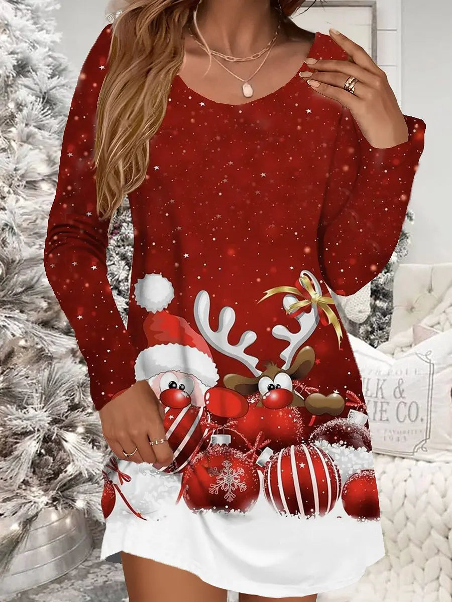 Women's Red Christmas Dress Casual Christmas Snowman Snowflake Print