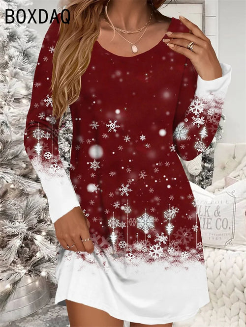 Women's Red Christmas Dress Casual Christmas Snowman Snowflake Print