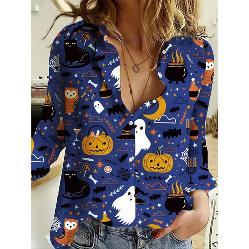 Women's 2024 New 3d Christmas Printed Long Sleeve Shirts Elegant Lapel