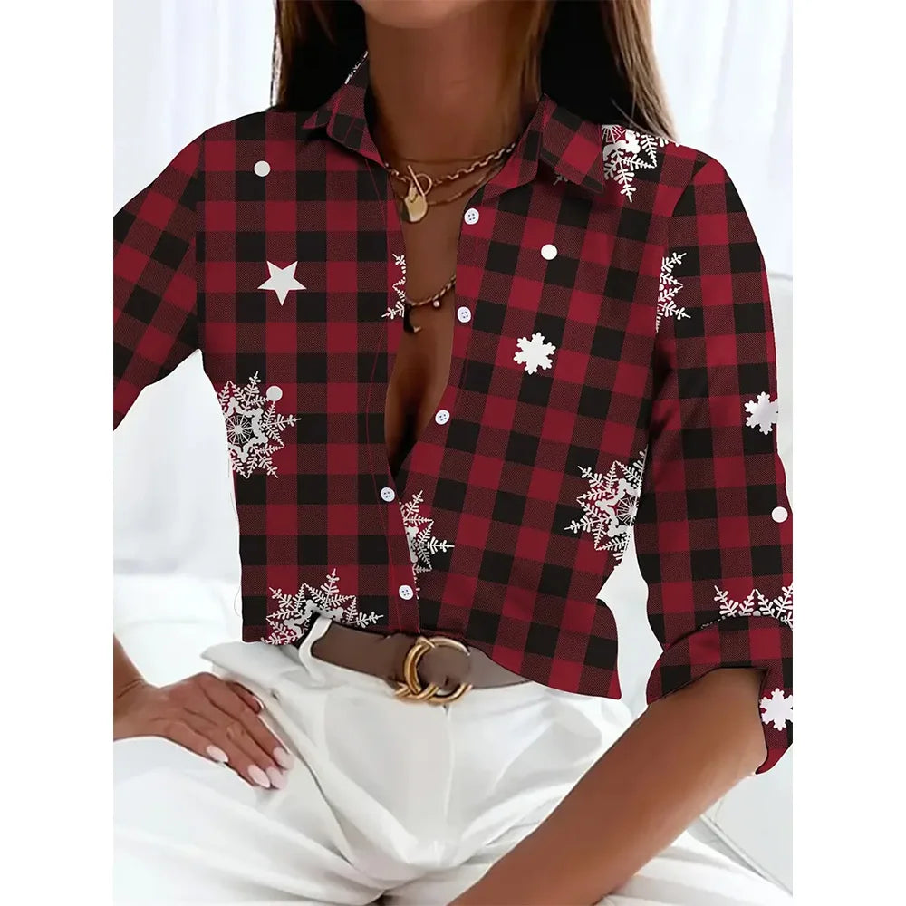 Women's 2024 New 3d Christmas Printed Long Sleeve Shirts Elegant Lapel