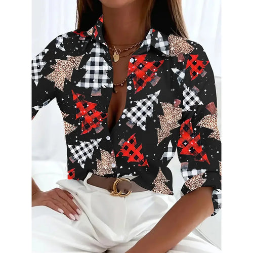 Women's 2024 New 3d Christmas Printed Long Sleeve Shirts Elegant Lapel