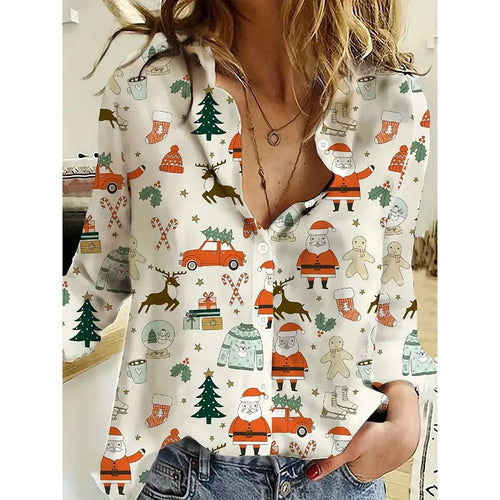Women's 2024 New 3d Christmas Printed Long Sleeve Shirts Elegant Lapel