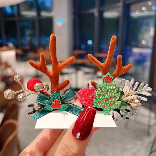 New Year Christmas Hair Pin Children Barrettes Bow Deer Santa Claus