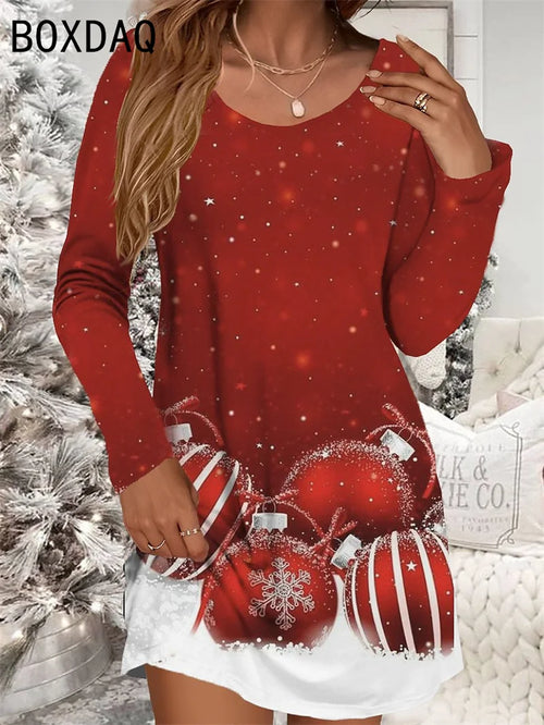 Women's Red Christmas Dress Casual Christmas Snowman Snowflake Print