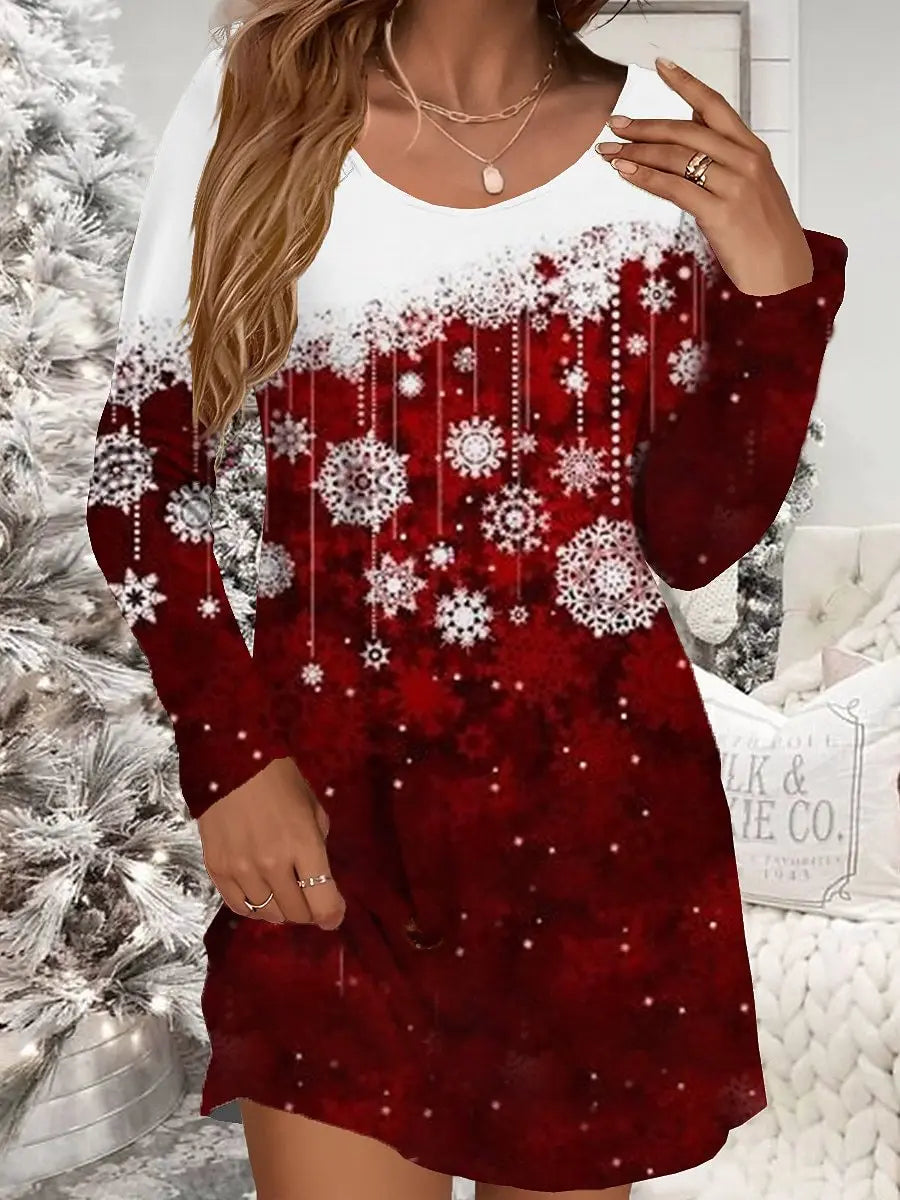 Women's Red Christmas Dress Casual Christmas Snowman Snowflake Print