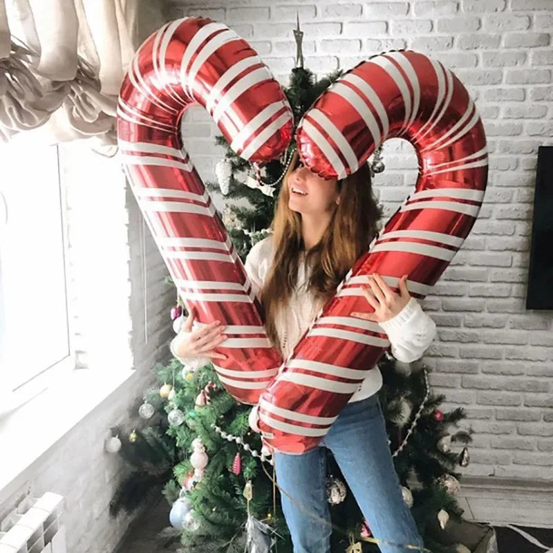 2pcs 80x38cm Christmas Candy Cane Foil Balloons Santa Claus Crutch