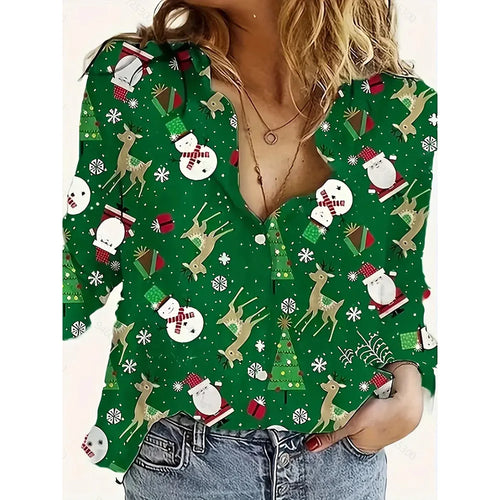 Women's 2024 New 3d Christmas Printed Long Sleeve Shirts Elegant Lapel