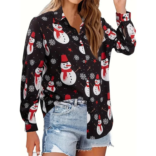 Women's 2024 New 3d Christmas Printed Long Sleeve Shirts Elegant Lapel