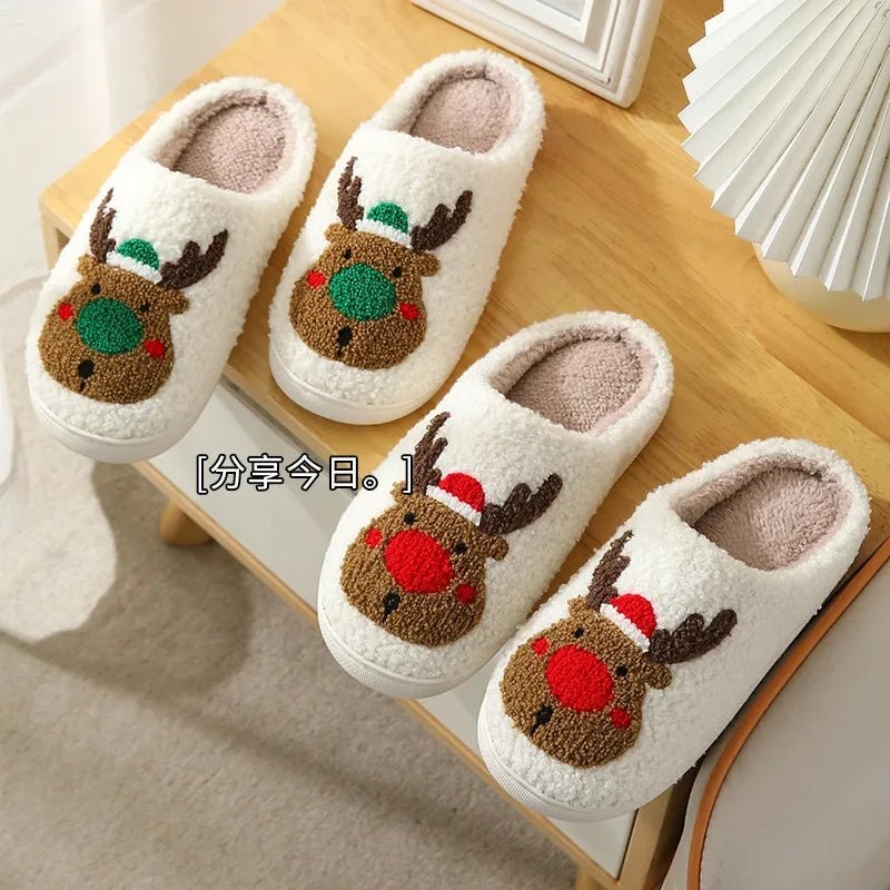Christmas Elk Cotton Slippers for Women Men Winter Cute Cartoon Home - Noel.ca