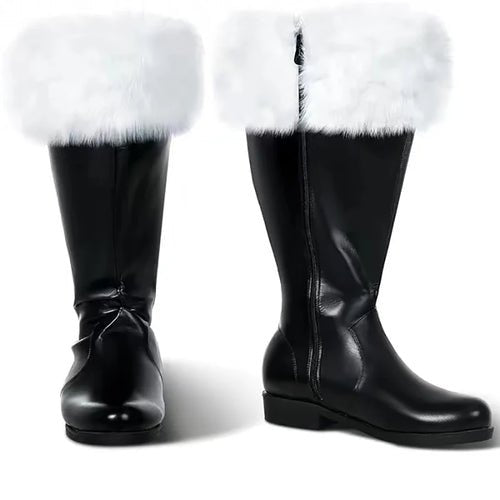 Christmas Santa Claus Boots Cosplay Black Leather Shoes White Plush - Noel.ca
