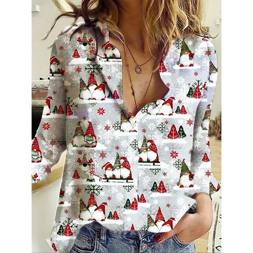 Women's 2024 New 3d Christmas Printed Long Sleeve Shirts Elegant Lapel - Noel.ca