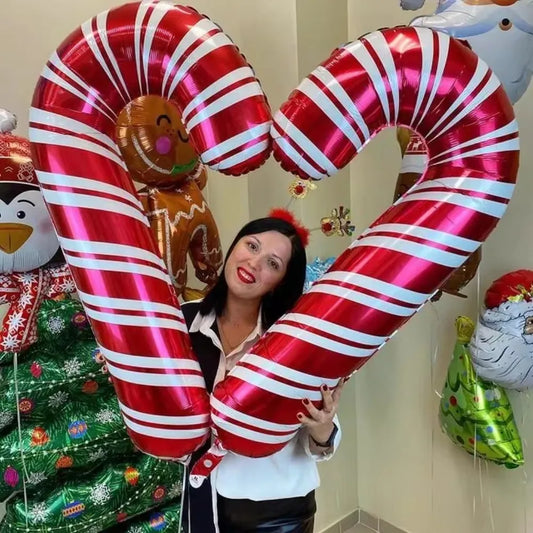 2pcs 80x38cm Christmas Candy Cane Foil Balloons Santa Claus Crutch