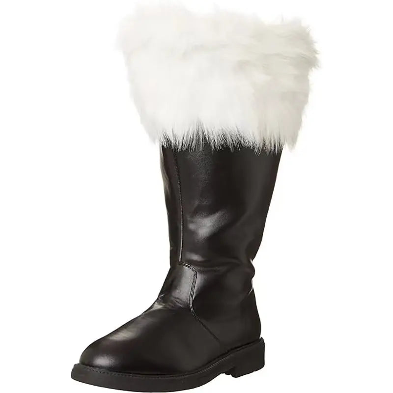 Christmas Santa Claus Boots Cosplay Black Leather Shoes White Plush