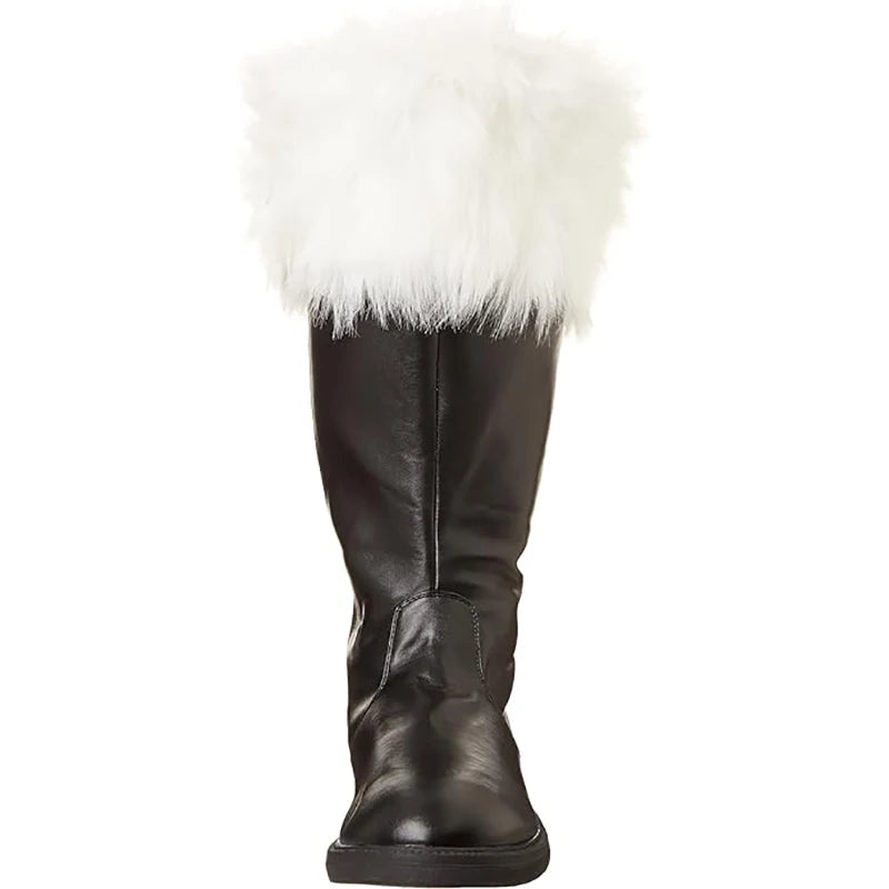 Christmas Santa Claus Boots Cosplay Black Leather Shoes White Plush