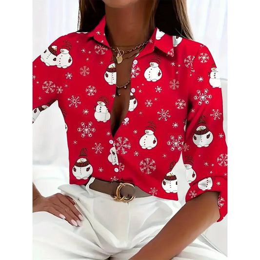 Women's 2024 New 3d Christmas Printed Long Sleeve Shirts Elegant Lapel