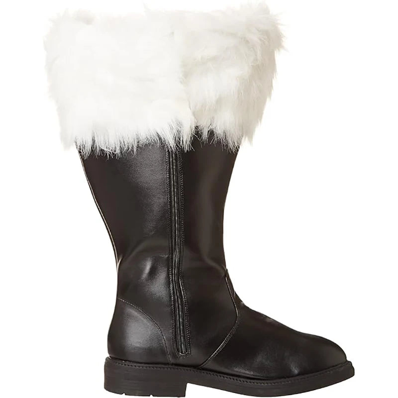 Christmas Santa Claus Boots Cosplay Black Leather Shoes White Plush