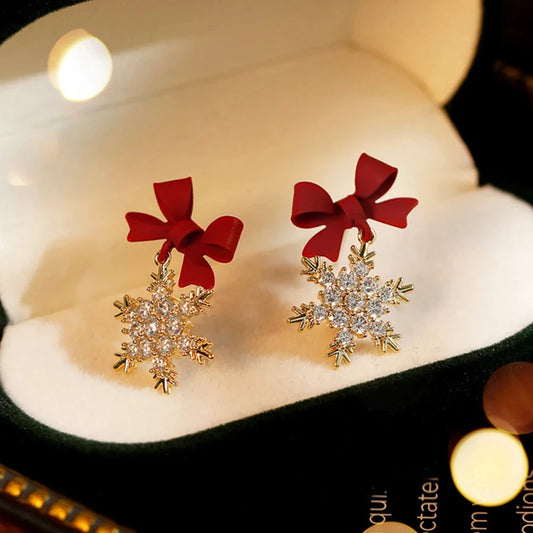 2023 New Red Bow Knot Snowflakes Drop Earring for Women Christmas