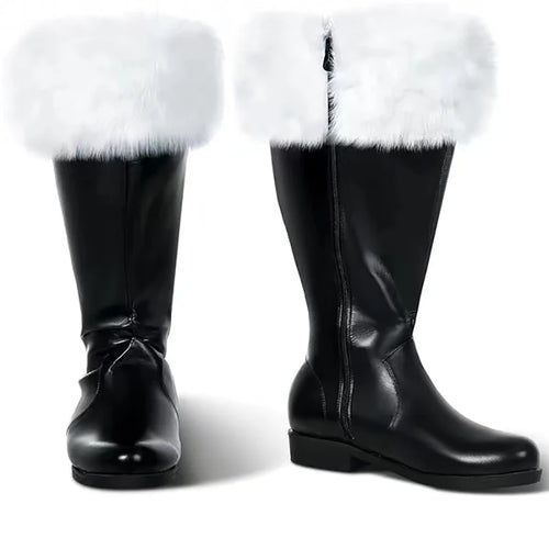 Christmas Santa Claus Boots Cosplay Black Leather Shoes White Plush