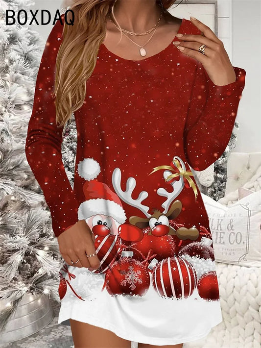 Women's Red Christmas Dress Casual Christmas Snowman Snowflake Print