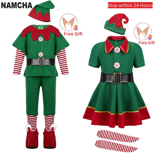 Christmas Santa Claus Costume Green Elf Cosplay Family Carnival Party