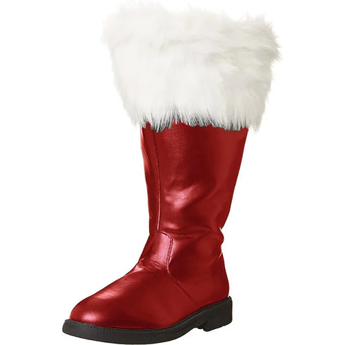 Christmas Santa Claus Boots Cosplay Black Leather Shoes White Plush