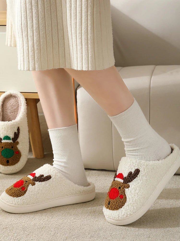 Christmas Elk Cotton Slippers for Women Men Winter Cute Cartoon Home - Noel.ca