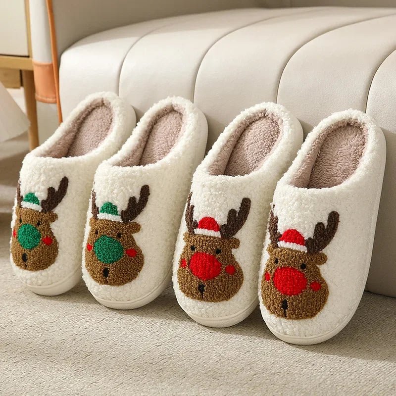 Christmas Elk Cotton Slippers for Women Men Winter Cute Cartoon Home - Noel.ca