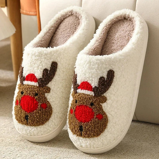 Christmas Elk Cotton Slippers for Women Men Winter Cute Cartoon Home - Noel.ca