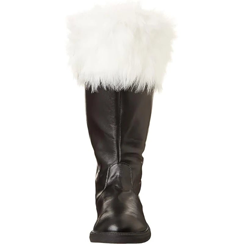 Christmas Santa Claus Boots Cosplay Black Leather Shoes White Plush - Noel.ca