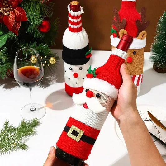 Christmas Wine Bottle Cover Set Santa Snowman Woven Wine Bottle Bags - Noel.ca