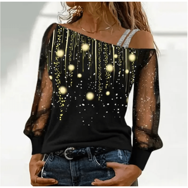 Silver Shoulder Strap Transparent Sleeves Sequins Blouse Women's Sexy - Noel.ca