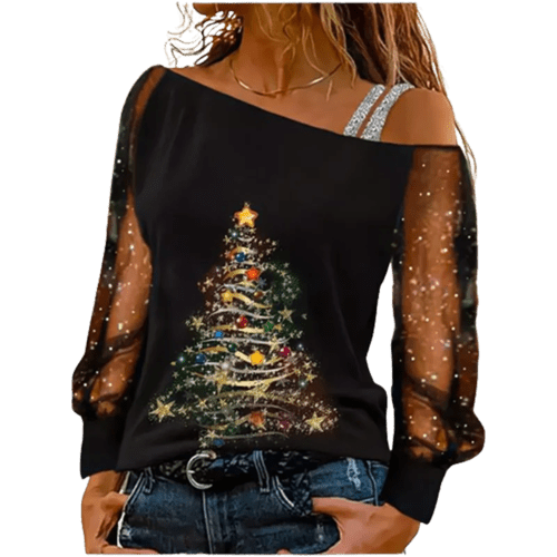 Silver Shoulder Strap Transparent Sleeves Sequins Blouse Women's Sexy - Noel.ca