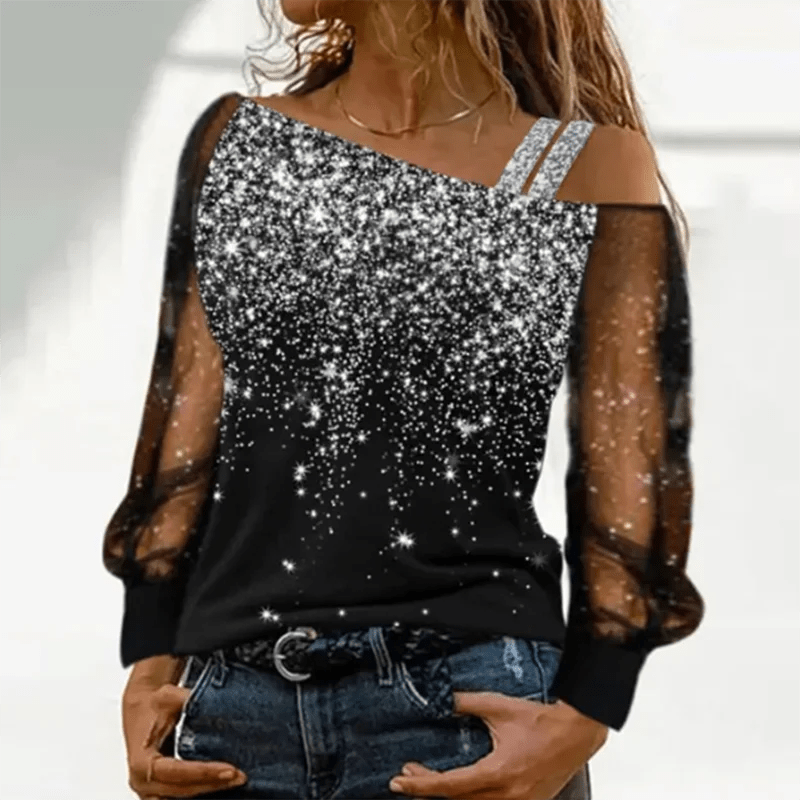 Silver Shoulder Strap Transparent Sleeves Sequins Blouse Women's Sexy - Noel.ca