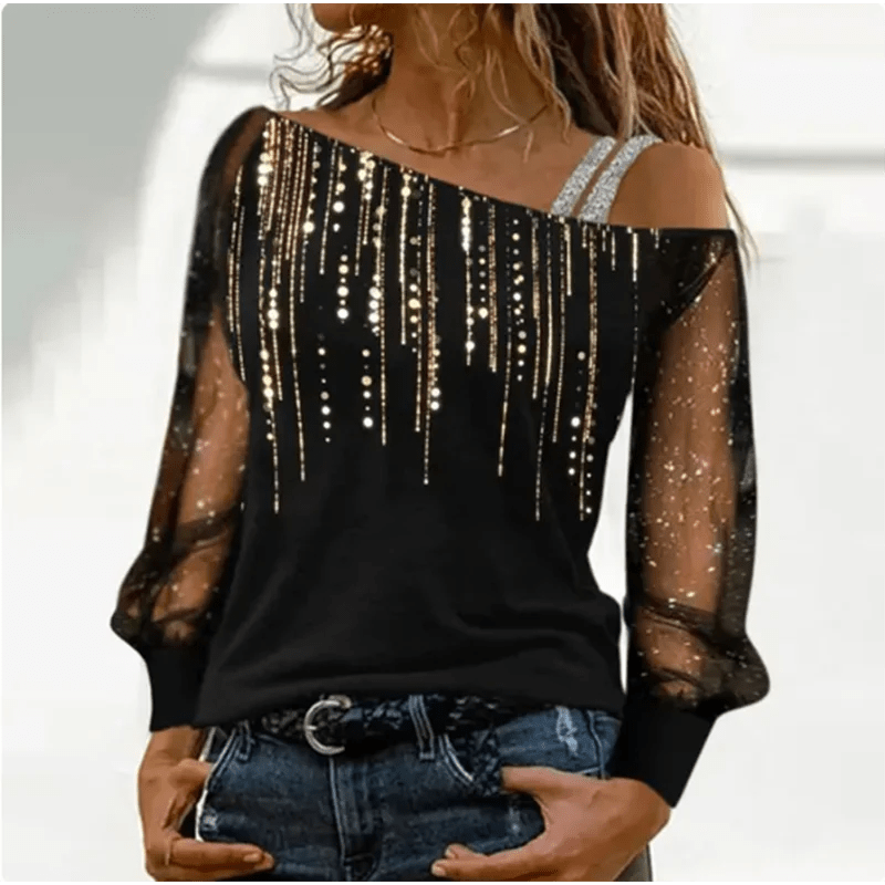 Silver Shoulder Strap Transparent Sleeves Sequins Blouse Women's Sexy - Noel.ca