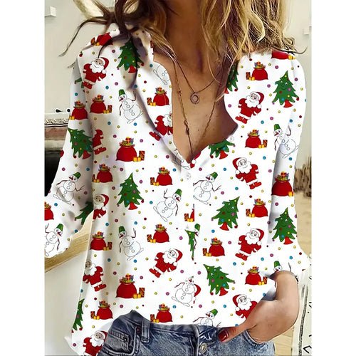 Women's 2024 New 3d Christmas Printed Long Sleeve Shirts Elegant Lapel - Noel.ca