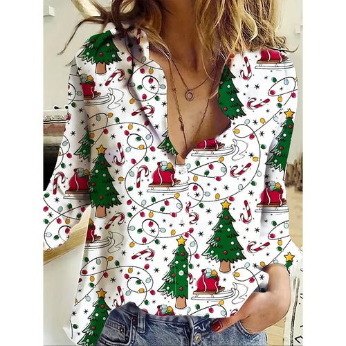 Women's 2024 New 3d Christmas Printed Long Sleeve Shirts Elegant Lapel - Noel.ca