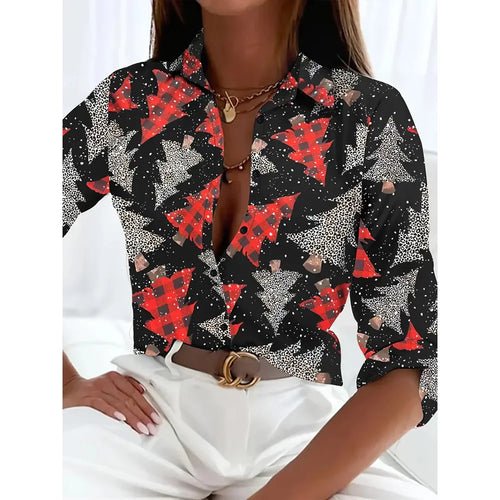 Women's 2024 New 3d Christmas Printed Long Sleeve Shirts Elegant Lapel - Noel.ca
